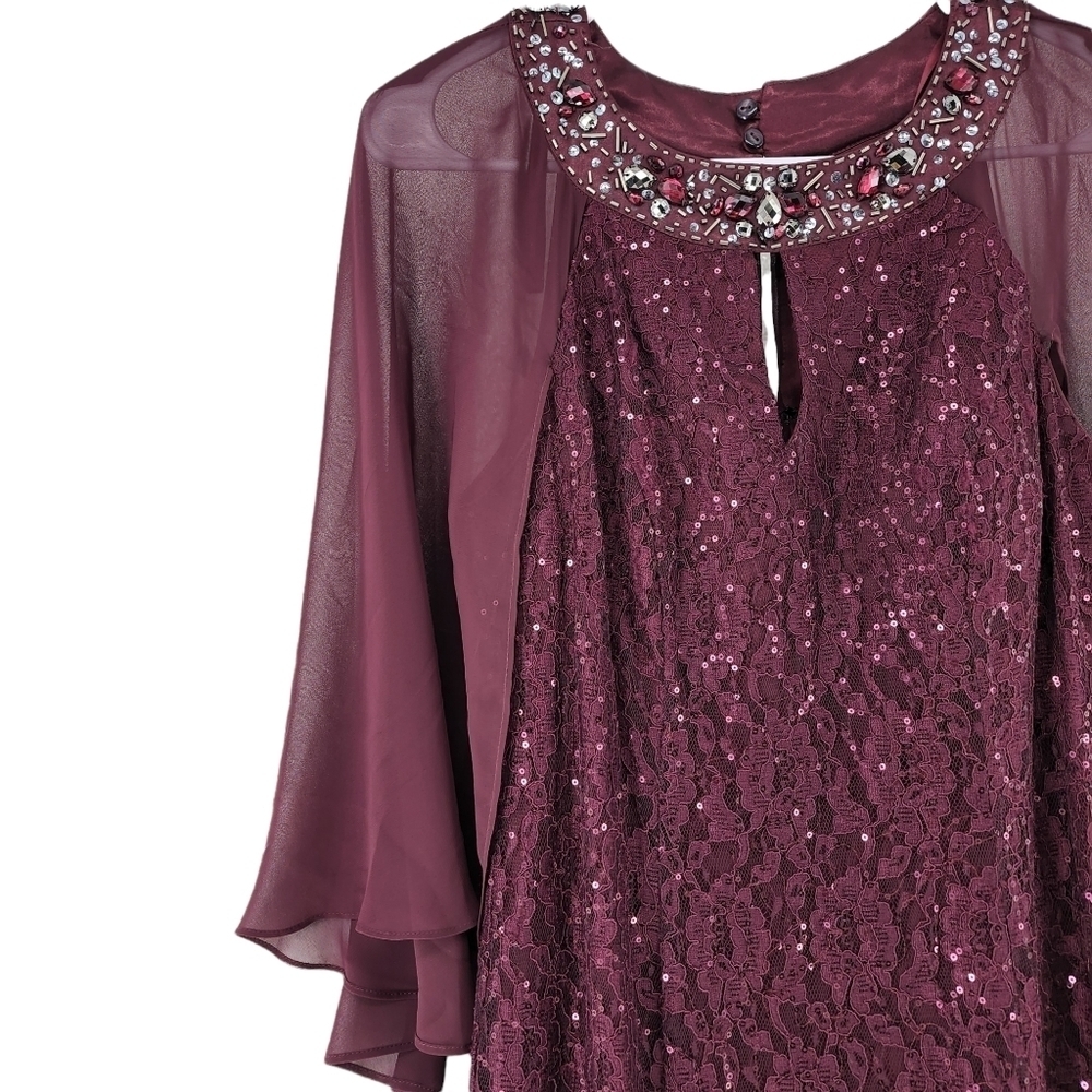 SLNY Women's Burgundy Sequined Rhinestone Capelet Maxi Formal Sheath Dress - 8P - Picture 3 of 8